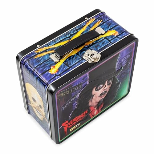 Metal lunchbox with a Svengoolie design featuring a skull and spooky imagery.