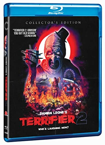 Terrifier 2 Blu-ray cover with horror clown and fiery scene