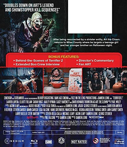 Terrifier 2 DVD cover with bonus features listed