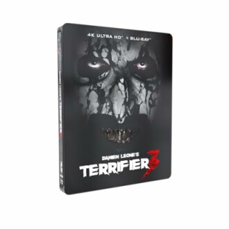 Terrifier 3 Blu-ray cover with eerie face design.