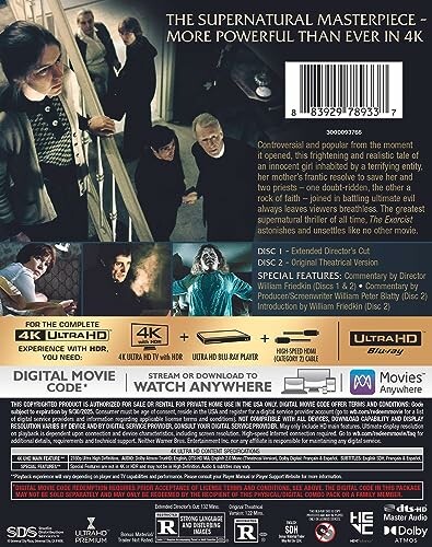 The Exorcist 4K Ultra HD Blu-ray cover featuring cast and special features, a classic horror movie that still sends shivers down the spine.