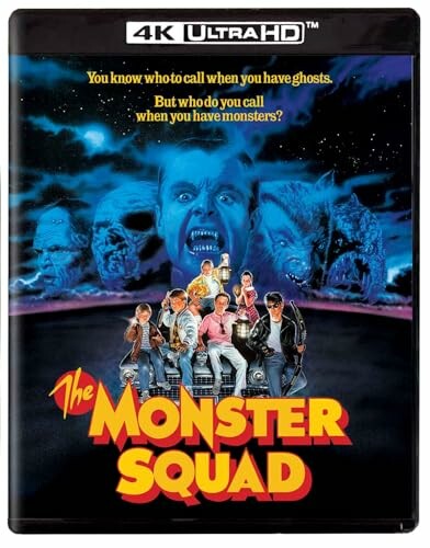 The Monster Squad movie cover with characters and monster faces in the background.