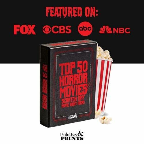 Top 50 horror movies scratch off poster with popcorn, featured on major networks.