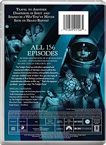 Back cover of The Twilight Zone complete series box set with astronaut and episode scenes.