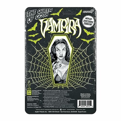 Vampira action figure packaging with gothic design.