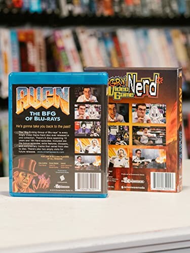 DVD cases of video game-themed content on a shelf.